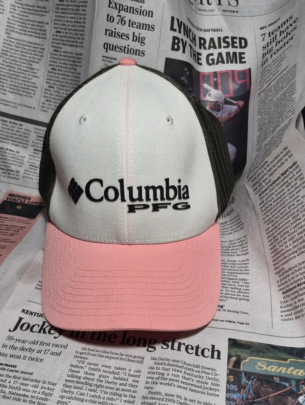 Columbia PFG Trucker Hat in White, Pink & Hunter Green Mesh  Back